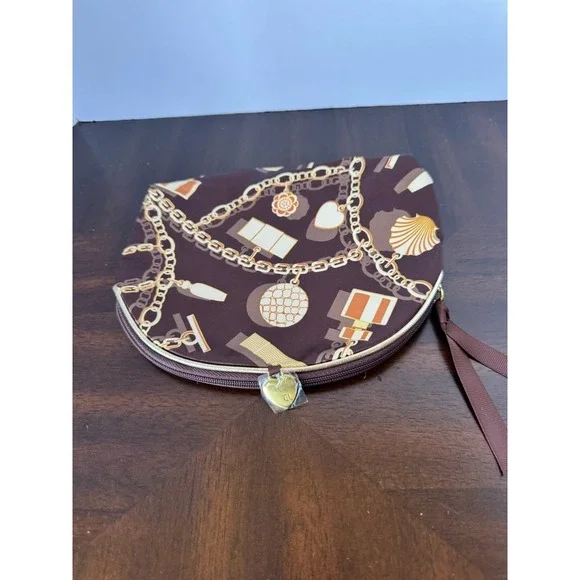 Estee Lauder Brown Cosmetic Makeup Bag with Gold Chain Print Travel Pouch - Picture 3 of 6